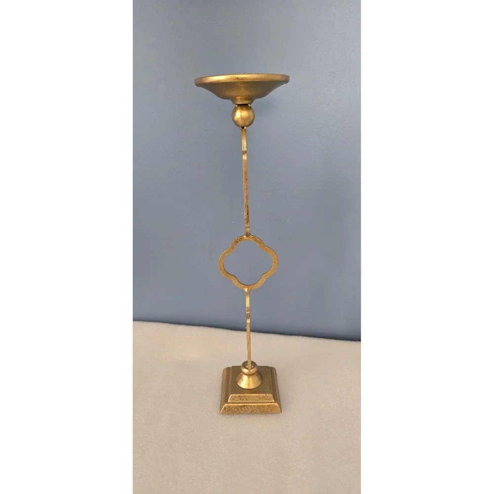 Gold Metal Pillar Candle Holder with Distressed Quatrefoil Mirrors 16.5 ch